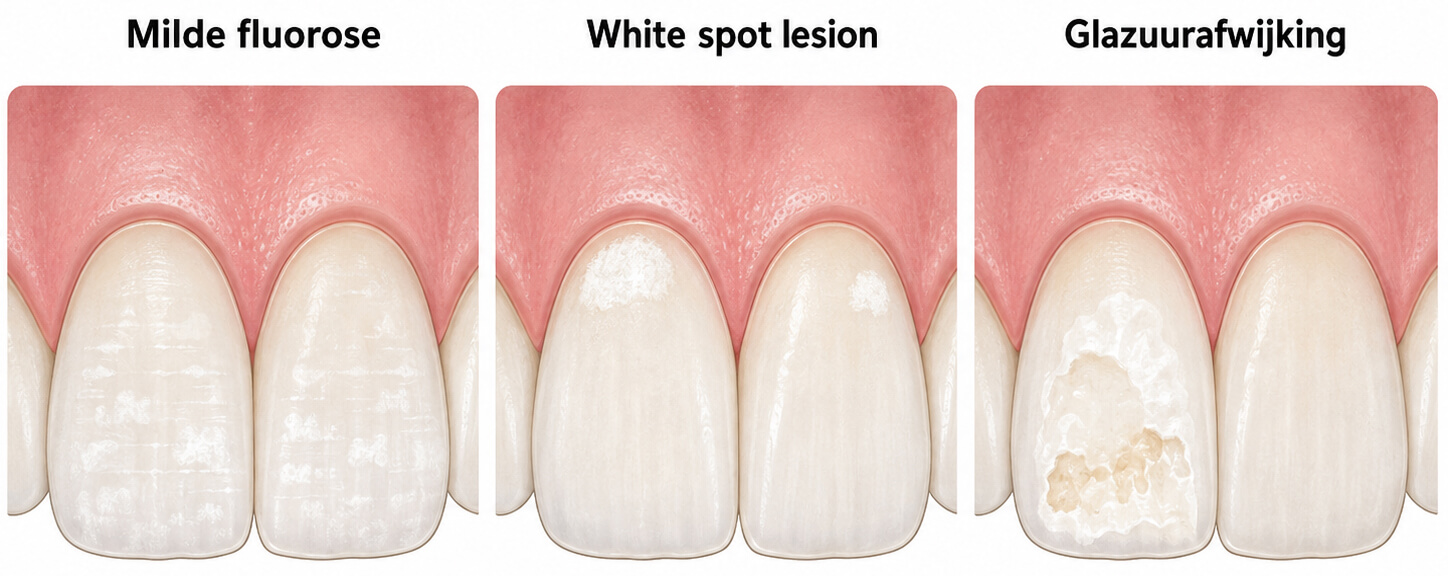 Verschil tussen milde fluorose, een white spot lesion en een glazuurafwijking